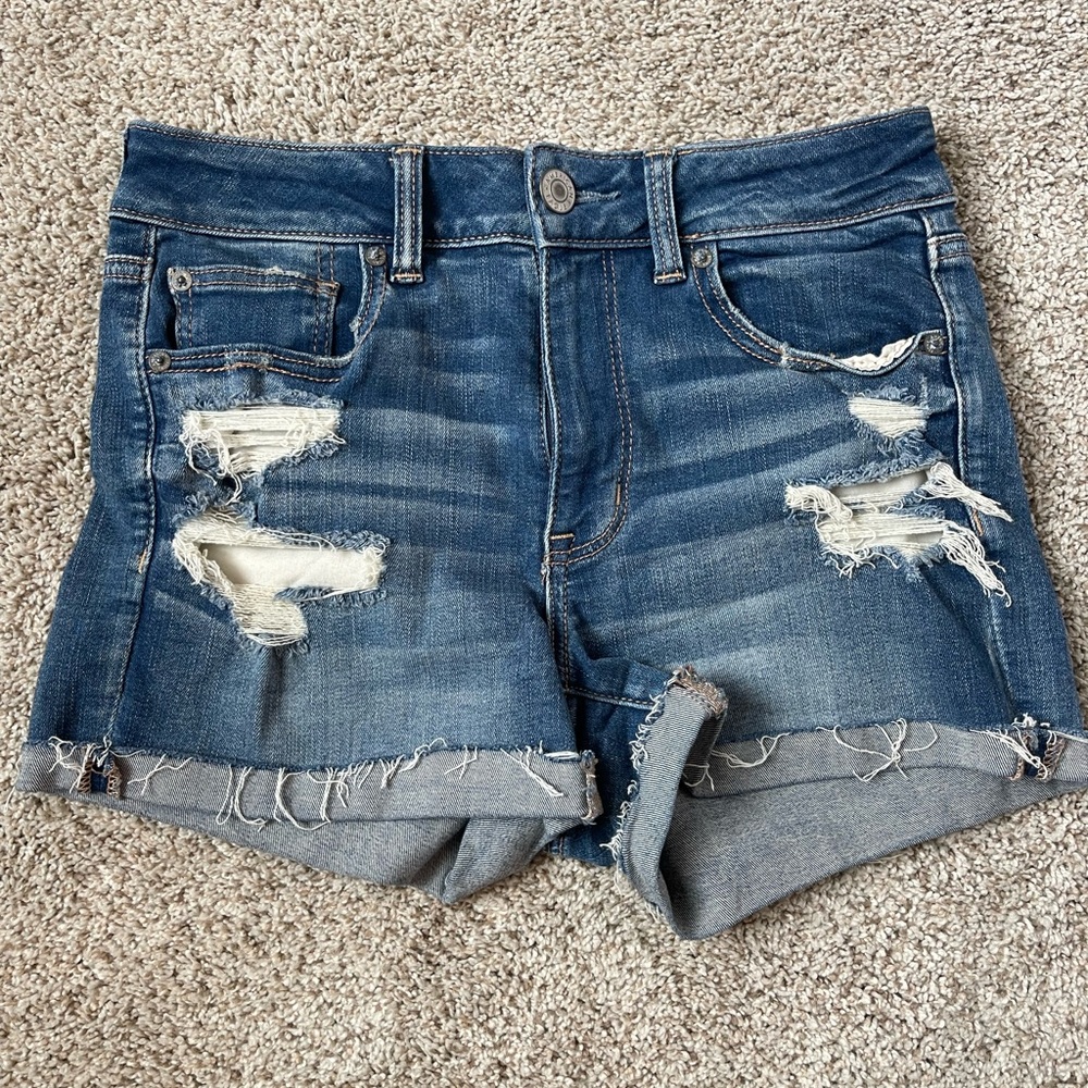 American Eagle Outfitters Blue Distressed Jean Hi Rise Shortie Size 8